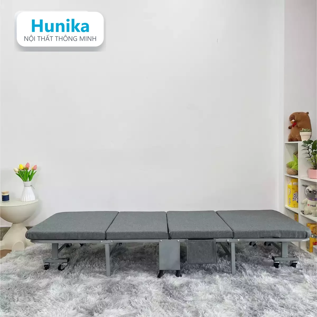 GIƯỜNG GẤP 70CM XÁM - chế độ mở, nệm foam gắn liền khung