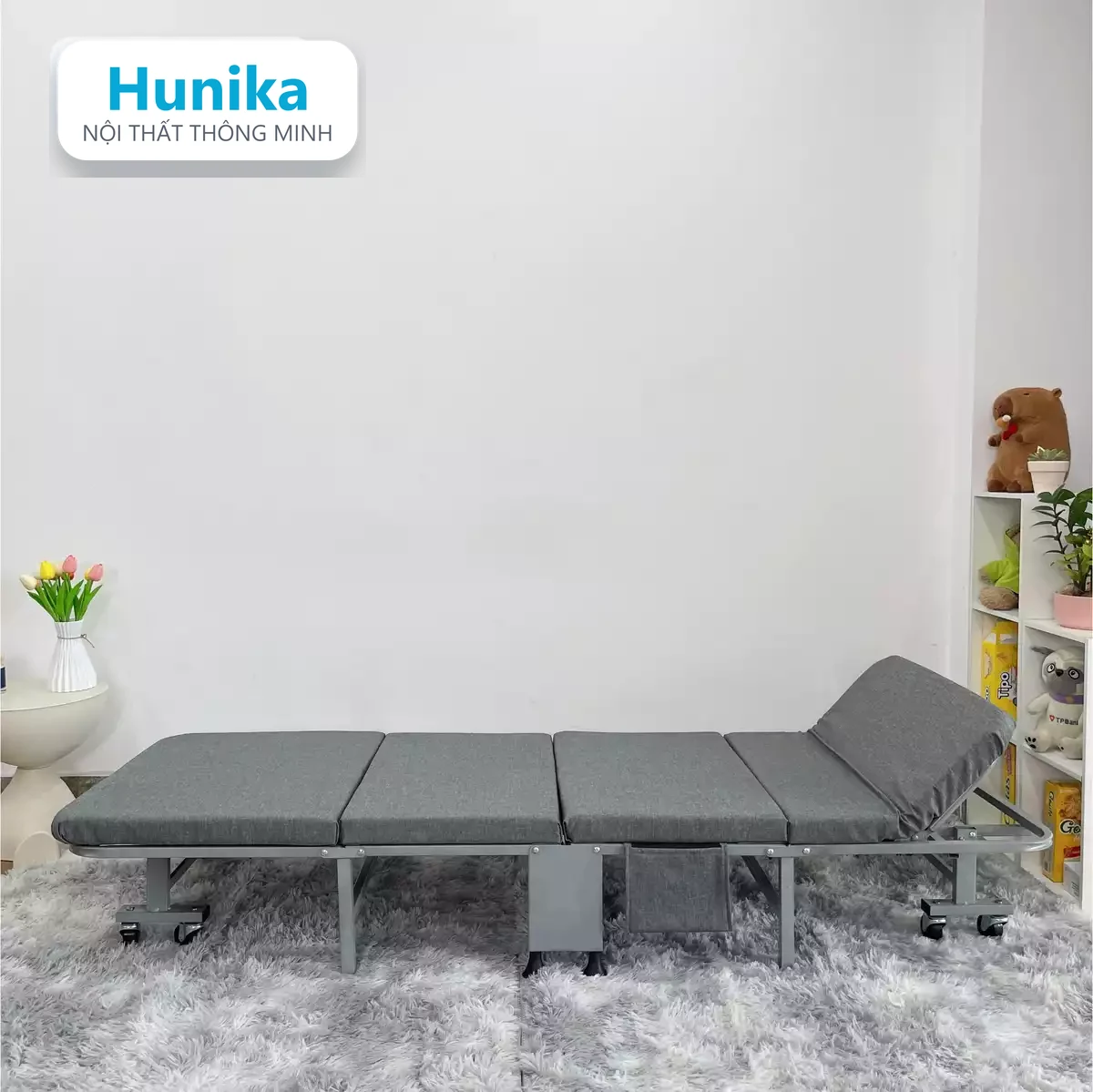 GIƯỜNG GẤP 70CM XÁM - gấp lại gọn, đẩy bằng bánh xe