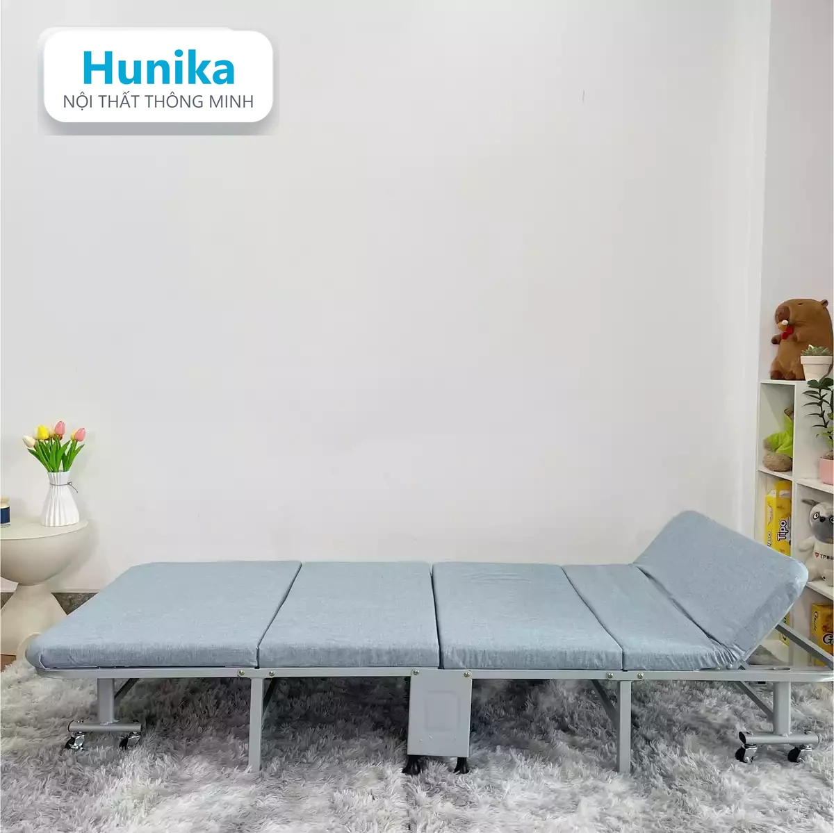 GIƯỜNG GẤP 70CM XANH - chế độ mở, nệm foam gắn liền khung