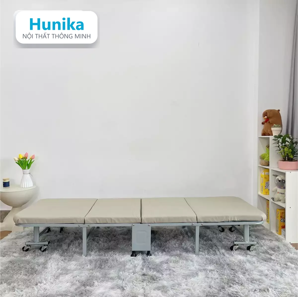 Giường gấp 90cm ở trạng thái mở - nệm gắn liền, không cần trải thêm