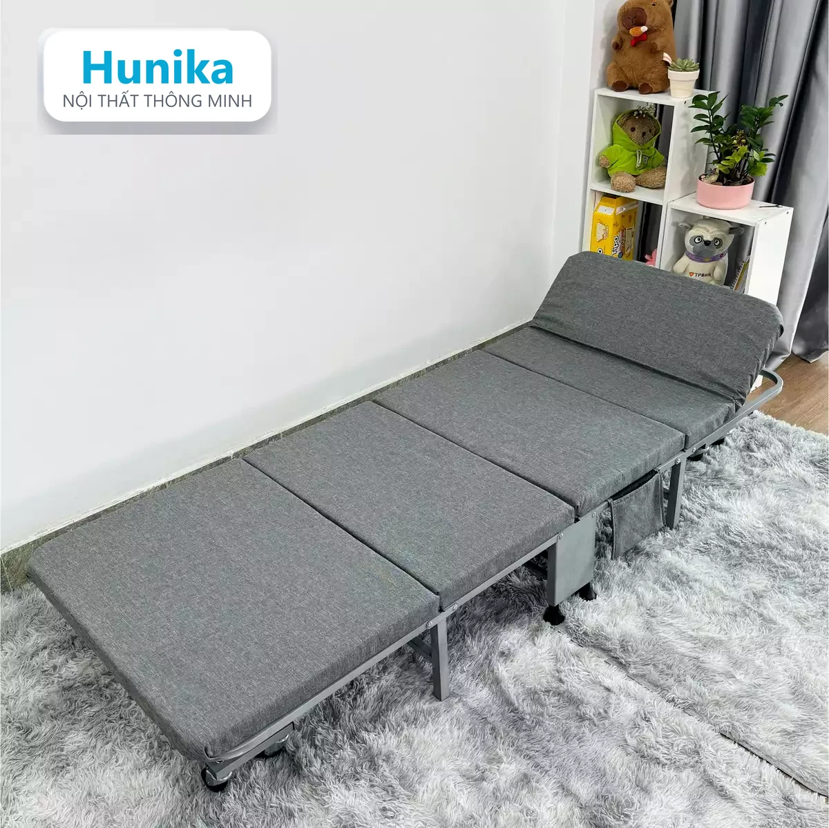 GIƯỜNG GẤP 90CM XÁM - chế độ mở, nệm foam gắn liền khung