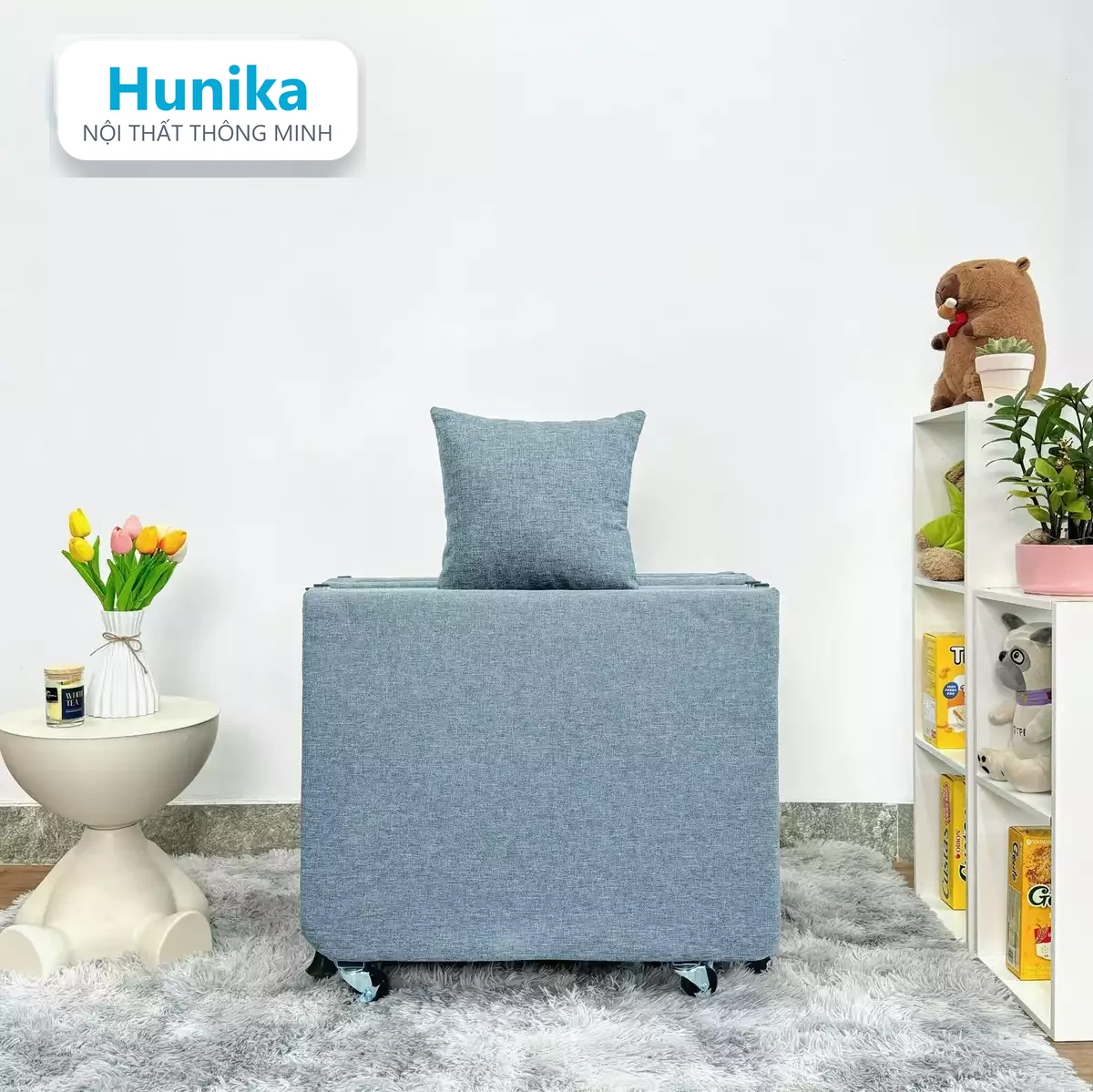 GIƯỜNG GẤP 90CM XANH - gấp lại gọn, đẩy bằng bánh xe