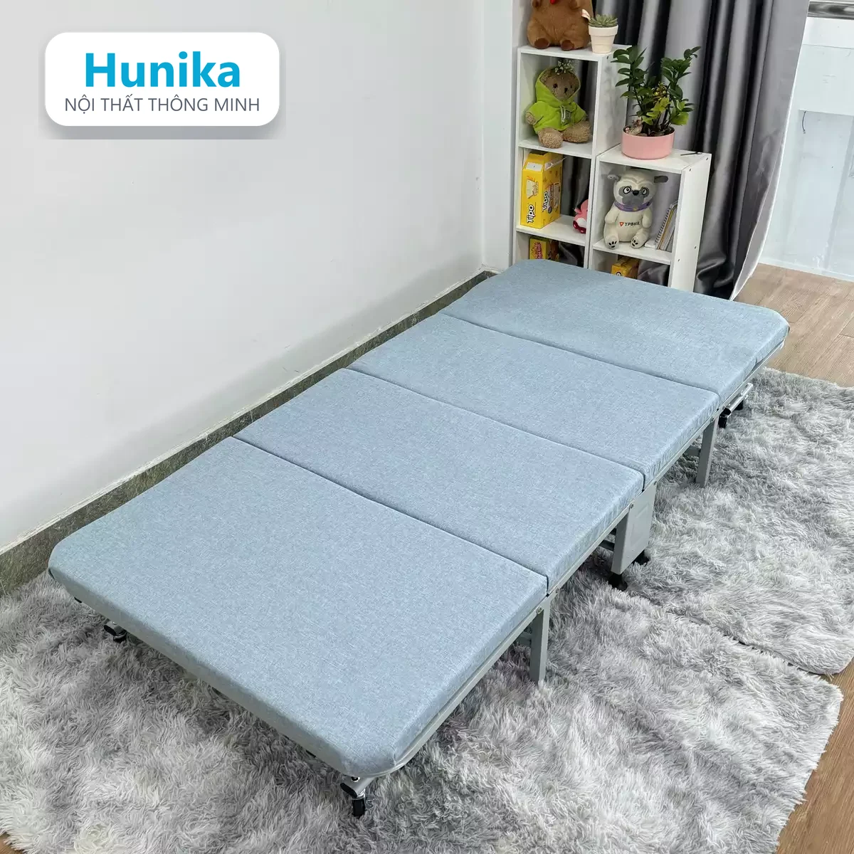 GIƯỜNG GẤP 90CM XANH - chế độ mở, nệm foam gắn liền khung