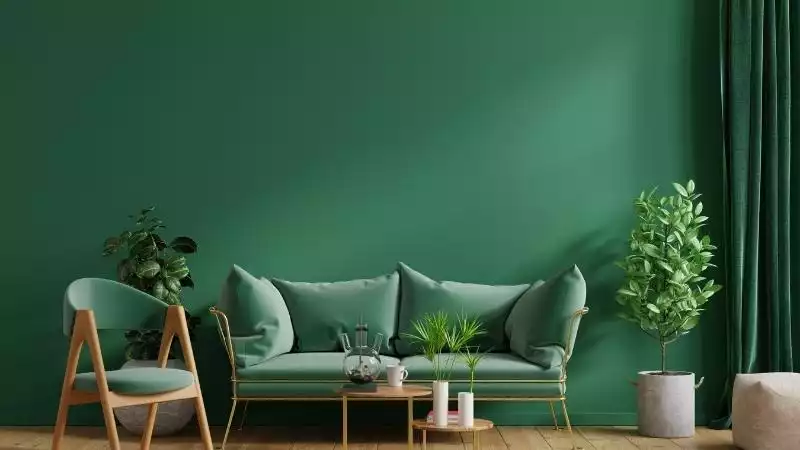 Phòng khách với nội thất màu xanh lá đậm và tường trung tính