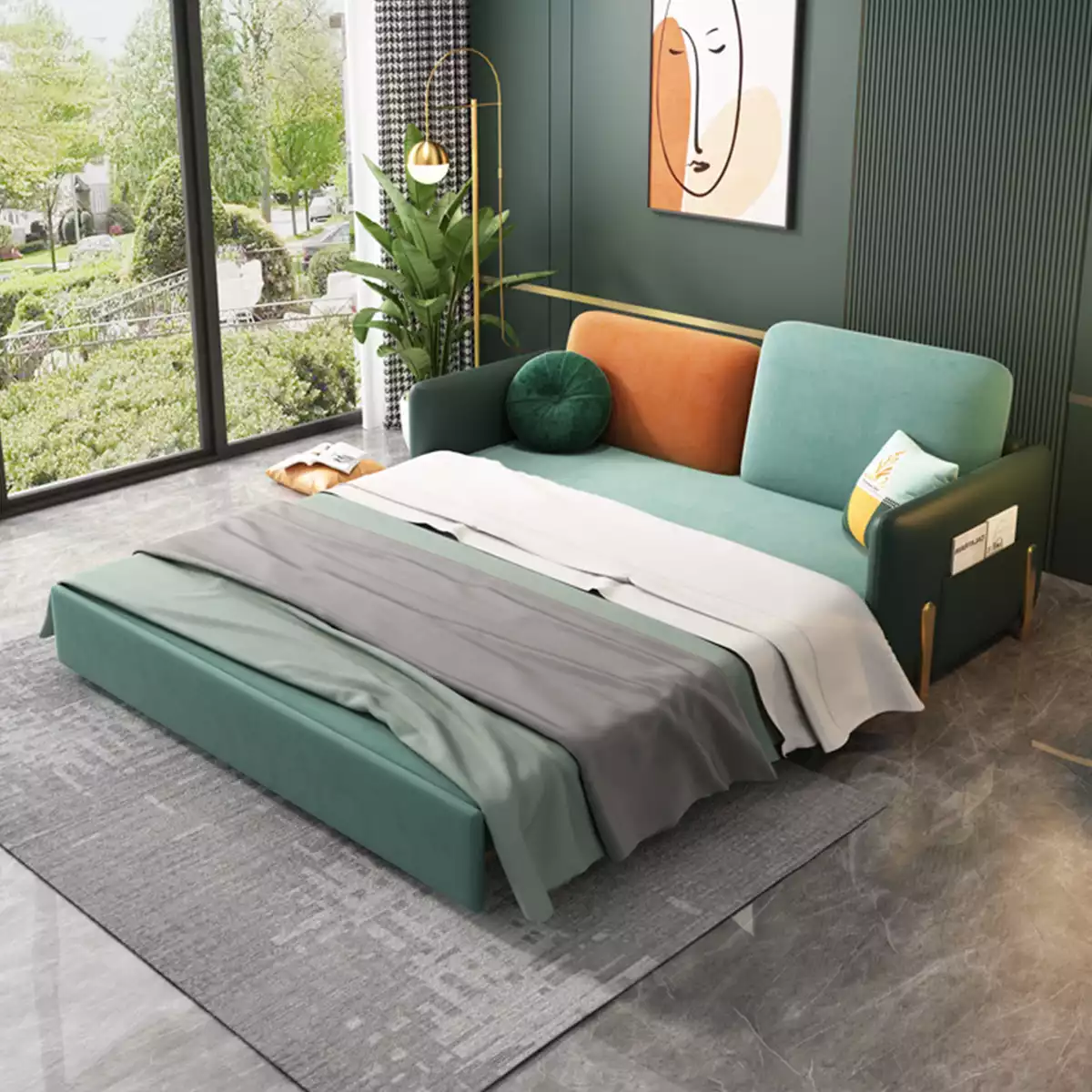 Góc phòng ngủ nhỏ với giường gấp màu xanh và tường trung tính