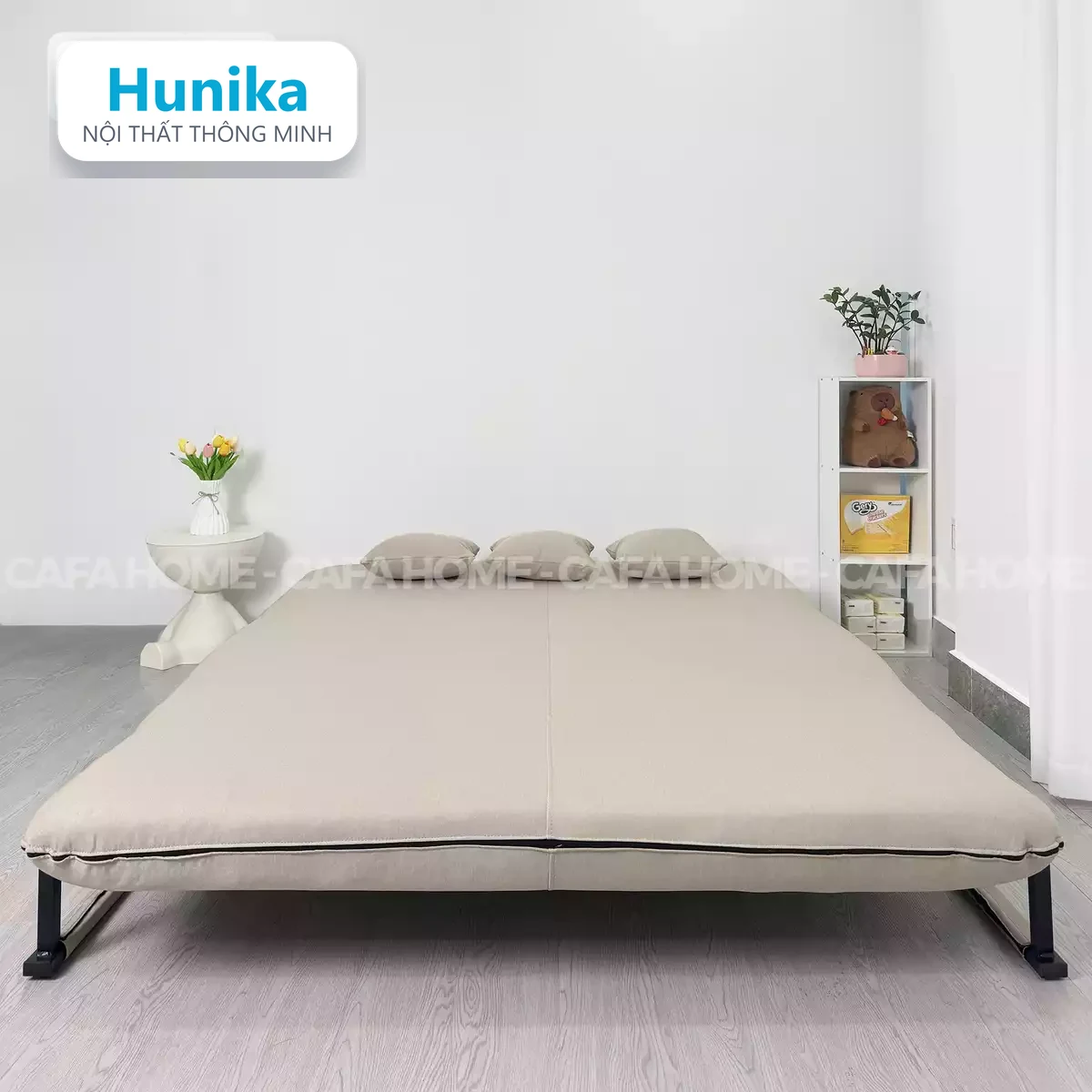 SOFA BED 150CM MÀU KEM - hạ tựa lưng thành mặt nằm