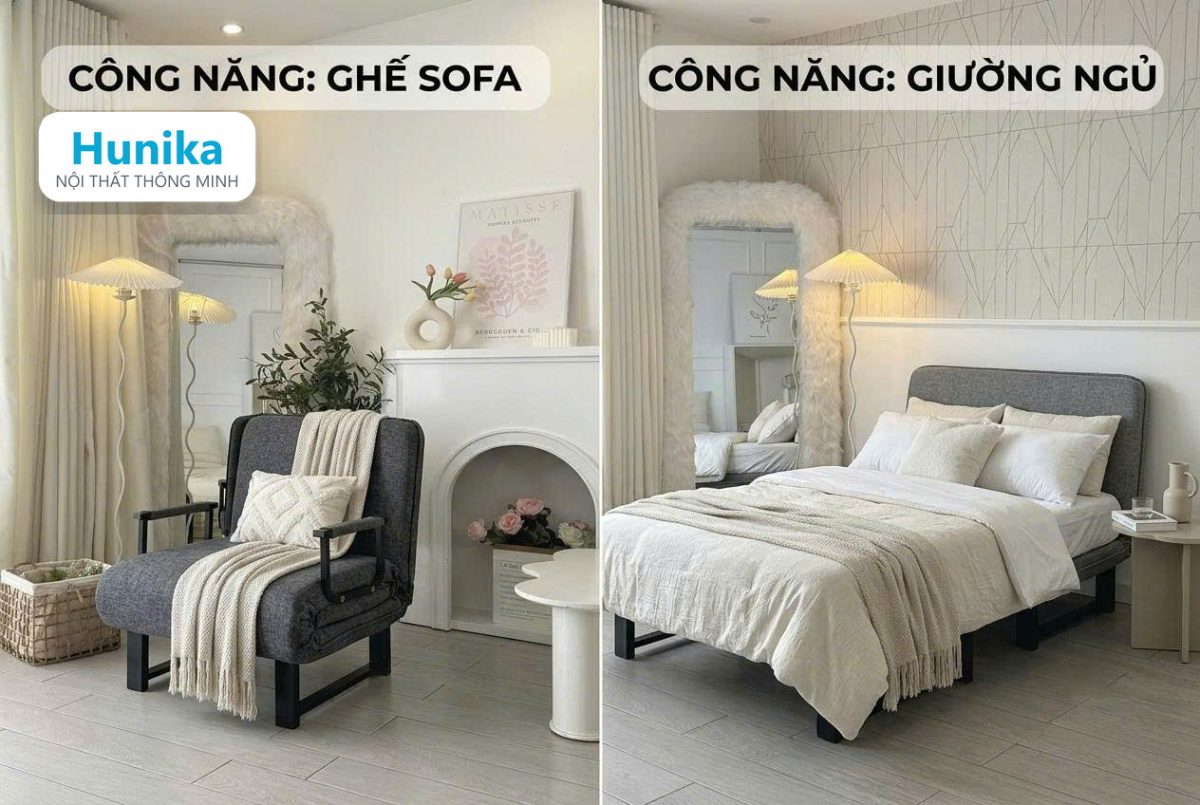 Sofa bed ở trạng thái ghế ngồi trong phòng khách căn hộ