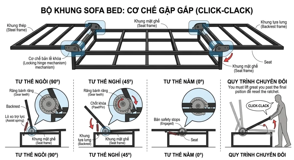 Sofa bed đã mở thành mặt nằm phẳng trong phòng ngủ nhỏ