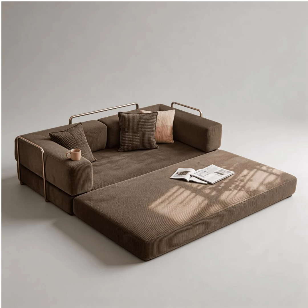 Sofa bed bọc vải và sofa bed bọc da đặt cạnh nhau để so sánh