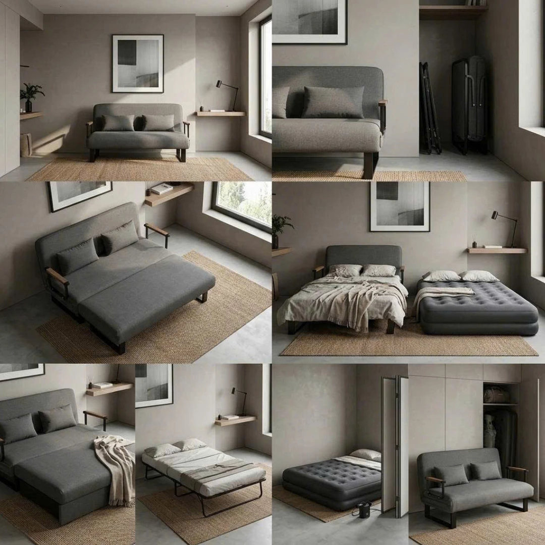 Sofa bed đặt trong căn hộ nhỏ, ban ngày dùng làm ghế ngồi
